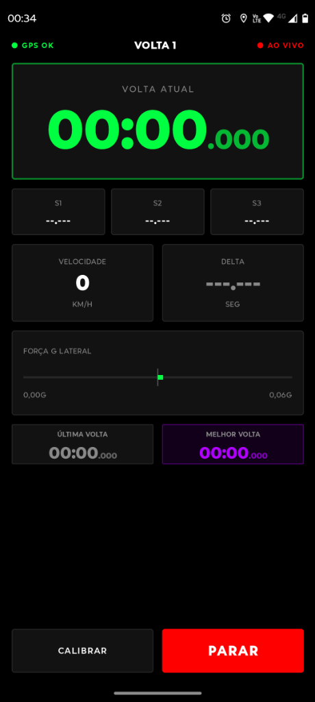 Painel ao vivo do Pole Position com velocidade, Força G e parciais em tempo real